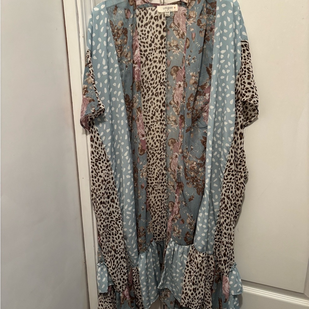 Blue and Leopard Print Kimono